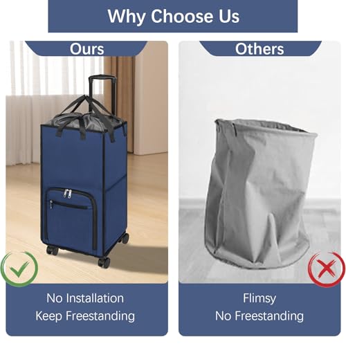 Bukere Rolling Laundry Hamper with Wheels, Large 90L Freestanding Collapsible Laundry Basket Bag for Clothes Storage, Heavy Duty Removable Wheeled Cart for College Dorm Apartment Laundry Room Bathroom