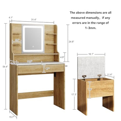 YOURLITE 31.5" Fluted Makeup Vanity Desk with LED Mirror and Stool | Small Vanity Table Set, 3 Lighting Modes, Charging Station, Hairdryer Holder, Cushioned Stool - size: 31.5", style: Wooden