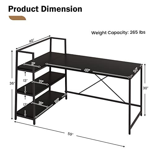 COSTWAY 59 Inch L-Shaped Computer Desk, Large Reversible Corner Desk with Open Storage Shelves, Space-Saving Writing Study Table PC Laptop Gaming Desk, for Home Office (Black)