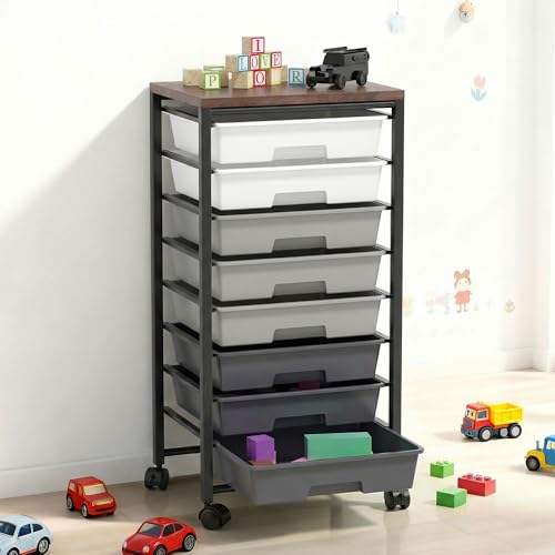 Rolling Cart with 8 Drawers, Storage Drawers Cart with Wooden Tabletop and Lockable Wheels, Craft Storage for Living Room, Office, Classroom, Craft Room, Bedroom (Gray) - color: Gray