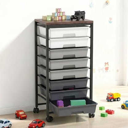 Rolling Cart with 8 Drawers, Storage Drawers Cart with Wooden Tabletop and Lockable Wheels, Craft Storage for Living Room, Office, Classroom, Craft Room, Bedroom (Gray) - color: Gray