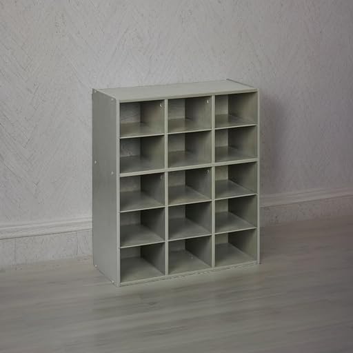 ECR4Kids Streamline 15 Cubby Tray Storage Cabinet, 5x3, Classroom Furniture, Grey Wash | Durable birch, GREENGUARD Gold Certified, 15 cubbies to store and organize supplies in a classroom, office, home playroom - color: Grey
