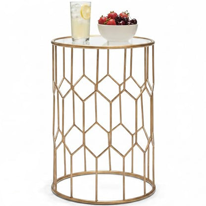 Harper Round Glass Accent Side Table, 16 Inch Modern End Table with Gold Metal Geometric Frame for Living Room, Bedroom or Small Spaces