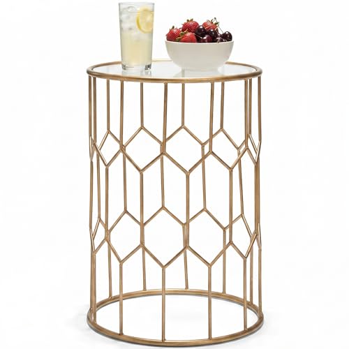 Harper Round Glass Accent Side Table, 16 Inch Modern End Table with Gold Metal Geometric Frame for Living Room, Bedroom or Small Spaces