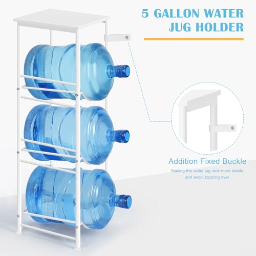 OYEAL 5 Gallon Water Bottle Jug Holder 3-Tier Water Bottle Holder Organizer with Top Shelf, Heavy Duty Water Dispenser Stand Rack for Kitchen Living Room Office, White - style: Round Tube White