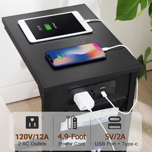 AMHANCIBLE C Shaped End Table with Charging Station, Couch Side Tables that Slide Under Sofa with Storage Bag, Slim TV Tray with USB Ports for Living Room, Bedroom, Black, HET04CBK - color: Black