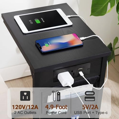 AMHANCIBLE C Shaped End Table with Charging Station, Couch Side Tables that Slide Under Sofa with Storage Bag, Slim TV Tray with USB Ports for Living Room, Bedroom, Black, HET04CBK - color: Black