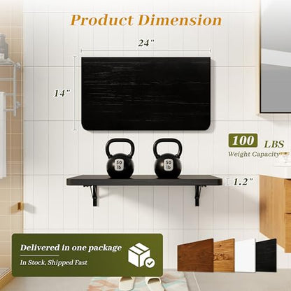 Dogsky 24" x 14" Floating Wall Desk, Fold Down Wall Table - 100 lbs Heavy Duty Solid Pine Wall Mount Folding Desk for Home Office, Laundry Room, Kitchen & Small Apartment, Black - color: Black, size: 24'' x 13.7'' x 6.3''