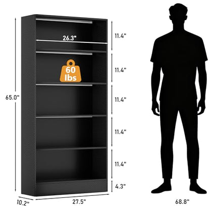 CODACE Tall Wooden 5-Tier Black Bookshelf - Display Cabinet with LED Lights | Lighted Book Shelves, Display Case for Collectibles, Manga ,Figures, Modern Bookcase for Bedroom, Living Room, Gaming room - size: 5 Tiers - 10.2"D x 27.5"W x 65"H