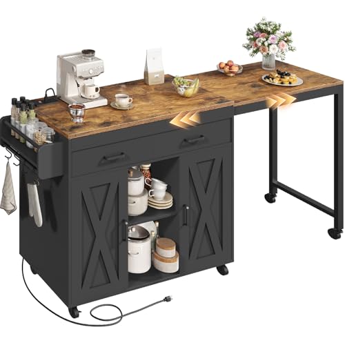 YATINEY Extendable Kitchen Island, Large Mobile Kitchen Storage Island, Rolling Kitchen Cart with Outlets, Island Table for Kitchen, Rustic Brown ZD03UBR - color: Rustic Brown + Black