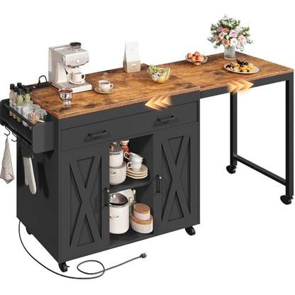 YATINEY Extendable Kitchen Island, Large Mobile Kitchen Storage Island, Rolling Kitchen Cart with Outlets, Island Table for Kitchen, Rustic Brown ZD03UBR - color: Rustic Brown + Black