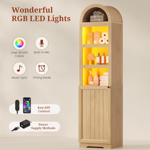 72" Tall Arched Narrow Bathroom Storage Cabinet with Lights, Slim Storage Cabinet with Adjustable Shelves for Small Spaces, Farmhouse Style (Oak) - color: Oak