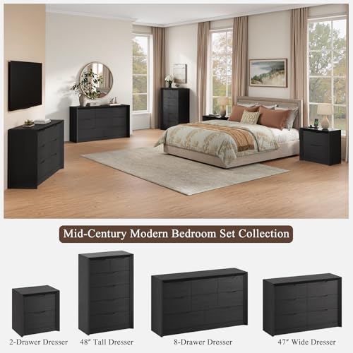 YANSNWO Black Nightstand with Charging Station, 23.6" Modern Bedside Table with Thickened Frame & Unique Panel, Mid Century Wood End Table for Bedroom, Living Room - color: Black, size: 15.6"D x 23.6"W x 23.6"H (2 Drawers)