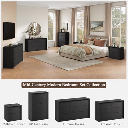 YANSNWO Black Nightstand Set of 2 with Charging Station, 23.6" Modern Bedside Table with Thickened Frame & Unique Panel, Mid Century Wood End Table for Bedroom, Living Room - color: Black, size: 15.6"D x 23.6"W x 23.6"H (2 Drawers/2 Piece)