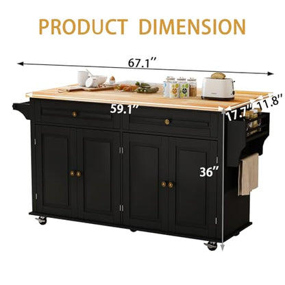 Kitchen Island Cart with Wood Top and Drop Leaf, Rolling Kitchen Island Table on Wheels with Drawer, Storage Cabinet, Spice Rack and Towel Rack for Dining Room, Black - size: 67.1" W, style: Black