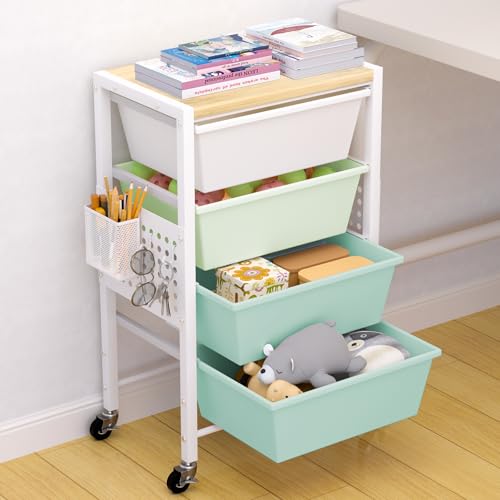Rolling Cart with Drawers, Rolling Storage Cart with Large Plastic Drawers & Wooden Tabletop, Utility Cart with Pegboards & Basket, Storage Drawers Cart for Living Room, Classroom, Bedroom, Office - color: Green, size: 4 Drawers