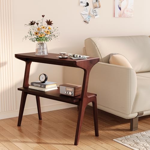 Solid Wood End Table, 2-Tier Side Table with Storage Shelf, Wooden Modern Accent Slim Bedside Table for Sofa, Living Room, Bedroom, Small Space, Easy Assembly, Burgundy - color: Burgundy