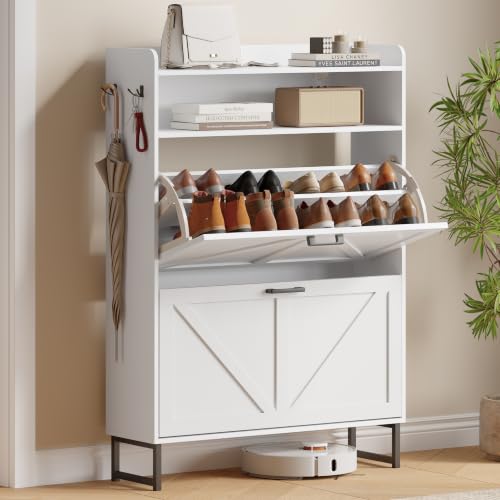 Xixini Shoe Storage Cabinet with 2 Flip Drawers, Entryway Shoe Rack, White | Narrow Slim Shoe Storage, Freestanding Hidden Wood Shoe Organizer, Modern Farmhouse, Open Storage & Hooks for Closet, Hallway - color: White, size: 2 Flip Drawers