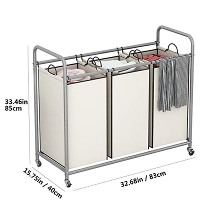 LINZINAR 3 Section Laundry Hamper, Beige Laundry Basket 135L Laundry Sorter | Laundry Room Organization with Heavy Duty Rolling Lockable Wheels and Removable Bag, Bedroom Laundry Cart for Clothes Storage - size: 3 Bags Beige