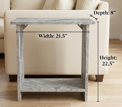 Narrow Side Table for Living Room, Slim End Table for Small Spaces Between Couch, Recliner or Armchair, 2 Tier Skinny Table with Open Shelf, Engineered Wood Sofa Beverage Thin Stand (White Marble) - color: White Marble