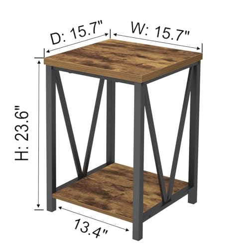 EXCEFUR End Table, Square Side Tables for Living Room, Industrial Metal and Wood Nightstand for Bedroom, Rustic Brown