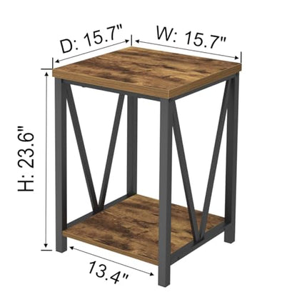 EXCEFUR End Table, Square Side Tables for Living Room, Industrial Metal and Wood Nightstand for Bedroom, Rustic Brown