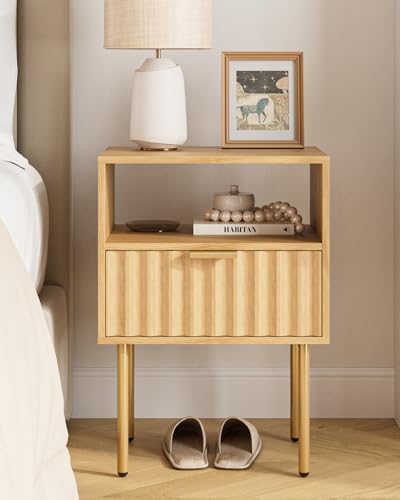 Night Stand,Modern Bedside Table with Drawer and Shelf,Light Oak Night Stand with Gold Frame,Small Side Table for Bedroom,Living Room - color: Oak Brown