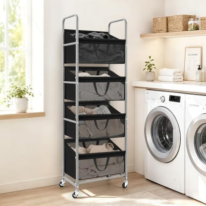 STO STO 4-Tier Vertical Rolling Laundry Hamper, Removable Bags, Black Mesh | 160L Capacity, Space-Saving Vertical Design, Rust-Resistant Steel Frame, Lockable Wheels, Ideal for Apartments & Small Spaces - color: Black Mesh, size: 4-Tier