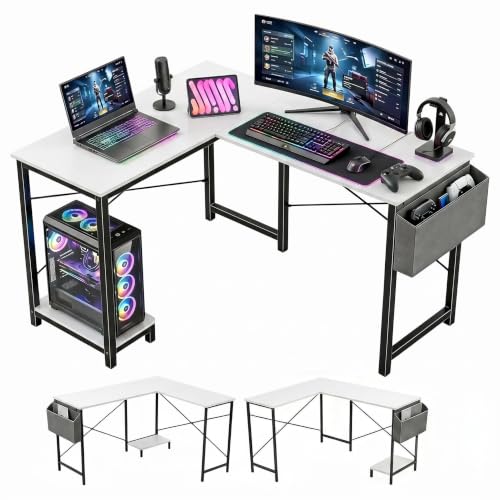 L-Shaped Home Office Computer Desk, Gaming Desk with CPU Stand Shelf and Hanging Storage Pocket, Corner Student Study Writing Table, Sturdy Metal Frame, 43.3" D x 50" W, Classic White - color: Classic White