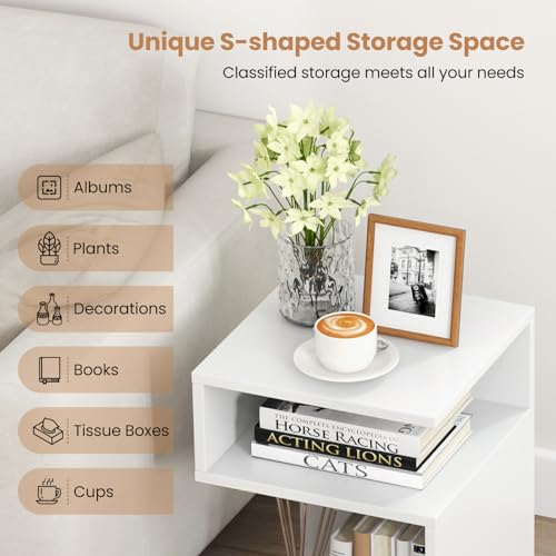 Giantex 3-Tier Side Table, S-Shaped End Table with 2 Open Storage Compartments, Wood Narrow Bedside Table, Modern Nightstand for Bedroom, Living Room, Small Spaces, Easy Assembly, White