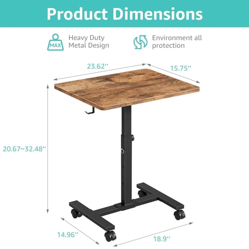WINAZ Small Portable Laptop Rolling Desk - 24 Inch Mobile Computer Desk Adjustable Height on Wheels for Small Spaces, Couch Kids Desks End Side Table, Teacher Podium for Classroom, Rustic Brown - color: Brown