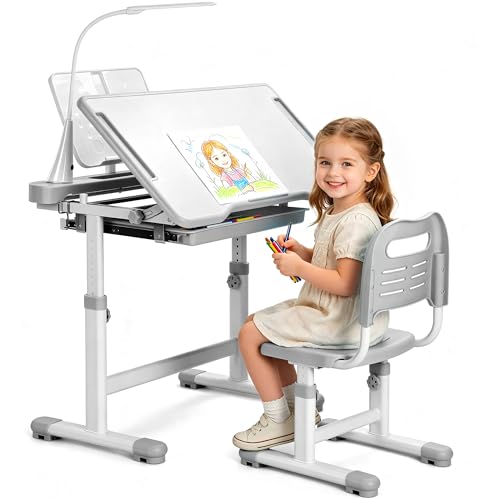 Rengue Kids Desk and Chair Set, Height Adjustable Children School Functional Study Desk with 55° Tiltable Desktop, 3 Modes & Brightness LED Light, Storage Drawer & Metal Hook for Boys Girls (Grey) - color: Grey