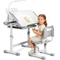 Rengue Kids Desk and Chair Set, Height Adjustable Children School Functional Study Desk with 55° Tiltable Desktop, 3 Modes & Brightness LED Light, Storage Drawer & Metal Hook for Boys Girls (Grey) - color: Grey