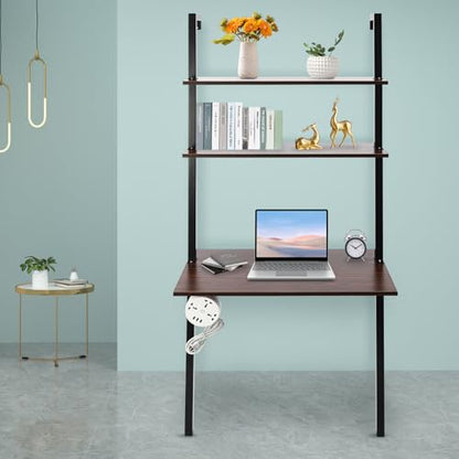 2-Shelf Industrial Wall Mount Ladder，Wall Mount Computer or Writing Desk, Computer Laptop Desk with Shelves，Floating Desk with Storage, Wall Table for Home Office, Black (20" Dx30 Wx72.5 H) - color: Black/ Brown (30"w)