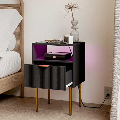 Modern Nightstand with Charging Station and LED Lights, Black Nightstand with Drawer, Fluted Nightstand for Living Room, Bedroom - color: Black