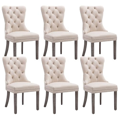 KCC Velvet Dining Chairs Set of 6, Upholstered High-end Tufted Dining Room Chair with Nailhead Back Ring Pull Trim Solid Wood Legs, Nikki Collection Modern Style for Kitchen, Beige - color: Beige, size: Set of 6