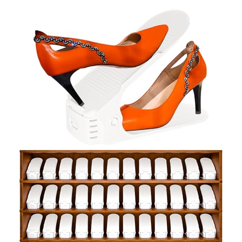 36 Pack Adjustable 50% Space-saving Shoe Slots Organizer, White | Save shoe cabinet space, Anti-slip, Easy to clean, Four level height, for slippers, sports shoes, sneakers, heels - color: White, size: 36PCS