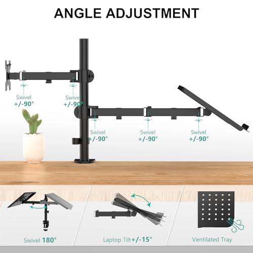WALI Dual Arm Laptop and Monitor Desk Mount for 17" Notebook and Up to 27" Screen, Fully Adjustable Monitor Arm with Laptop Tray, VESA 75x75 100x100, Holds up to 22 lbs, Black (M001LP) - size: Dual, style: Adjustable Desk Mount