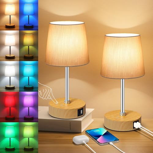 Ascher Small Bedside Table lamp Set of 2, RGB Color Changing Lamps, 3 Color Temperatures, Stepless Dimmable, Nightstand Lamp with USB C+A Ports for Bedroom Living Room, (Grey Shade, Wood Grain Base) - color: Wood Grain Base & Grey Shade - 2 Pack, size: 11