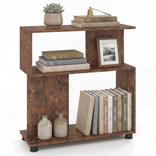 GOFLAME 3-Tier Geometric Bookcase, S-Shaped Bookshelf with 2 Open Back Compartments, Modern Display Rack, Narrow Compact Side End Table Nightstand for Living Room, Home Office (1,Rustic Brown) - color: Rustic Brown
