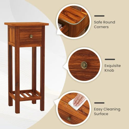 Giantex Narrow End Table with Drawer, Tall Acacia Wood Side Table with Bottom Shelf, Modern Bedside Tables, 2-Tier Nightstand for Small Spaces Bedroom Living Room, No Assemble Required, Brown - color: Brown