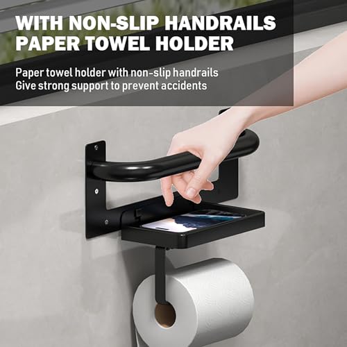 Black Toilet Paper Holder with Assist Bar Toilet Grab Bar Stainless Steel - Assistance Handle with Toilet Roll Holder and Shelf Wall Mounted Grab Bars with Toilet Paper Holder for Elderly Seniors