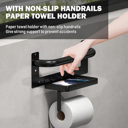 Black Toilet Paper Holder with Assist Bar Toilet Grab Bar Stainless Steel - Assistance Handle with Toilet Roll Holder and Shelf Wall Mounted Grab Bars with Toilet Paper Holder for Elderly Seniors