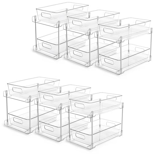 Vtopmart 6 Pack Bathroom Organizer, 2 Tier Clear Under Sink Organizers Vanity Countertop Storage Container,Cabinet Drawers Bins, Pull-Out Organization with Track for Pantry, Kitchen - color: Transparent, size: S-Standard (6 Pack)