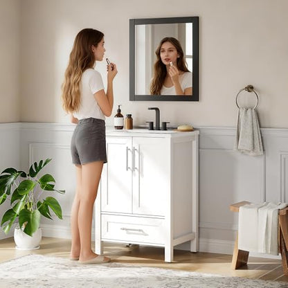 IDEALHOUSE 24" Bathroom Vanity with Sink, Freestanding Wooden Bathroom Vanity Cabinet with Soft-Closing Door and Metal Handle, Modern Floor Standing Storage for Small Spaces,White - size: 24in
