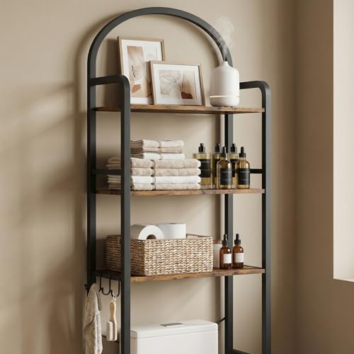74" H Over the Toilet Storage Rack, 3-Tier Bathroom Organizer with Toilet Paper Holder & Hooks, Metal Frame with Wooden Shelves, Space Saver for Small Bathroom, Rustic Brown and Black - size: 3-tier