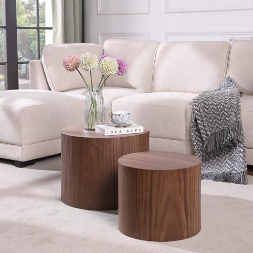 Round Coffee Table Set of 2, Nesting Coffee Table and End Table Set Wood Small Circle Drum Side Table for Living Room Office, No Assembly,Walnut - color: Walnut