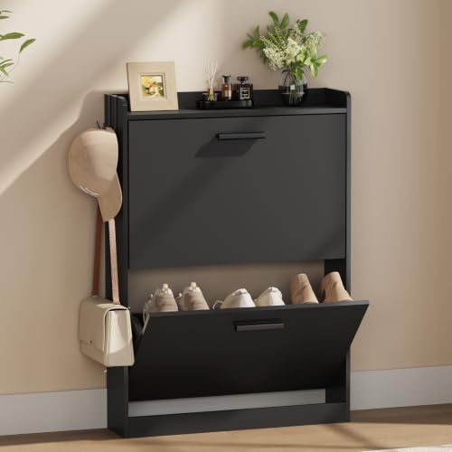 Shoe Cabinet Organizer with 2 Flip Drawers,Narrow Shoe Rack 23.6" W White | Freestanding shoe storage cabinet for entryway,foyer and hallway,slim design and space-saving flip drawers - color: Black, size: 23.6"W x 33.1"H