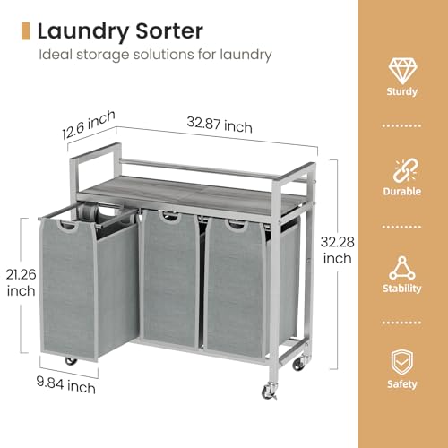 SwaaVee Laundry Sorter, Laundry Hamper 3 Section, 3×11.4Gal, Metal Frame Rolling Laundry Basket with Wooden Top Shelf, Pull out and Removable Laundry Bags, 3 Bags-Gray - color: Grey