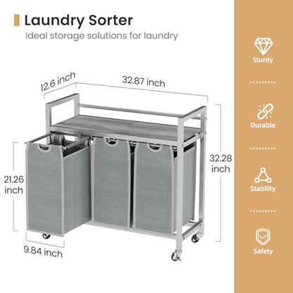 SwaaVee Laundry Sorter, Laundry Hamper 3 Section, 3×11.4Gal, Metal Frame Rolling Laundry Basket with Wooden Top Shelf, Pull out and Removable Laundry Bags, 3 Bags-Gray - color: Grey